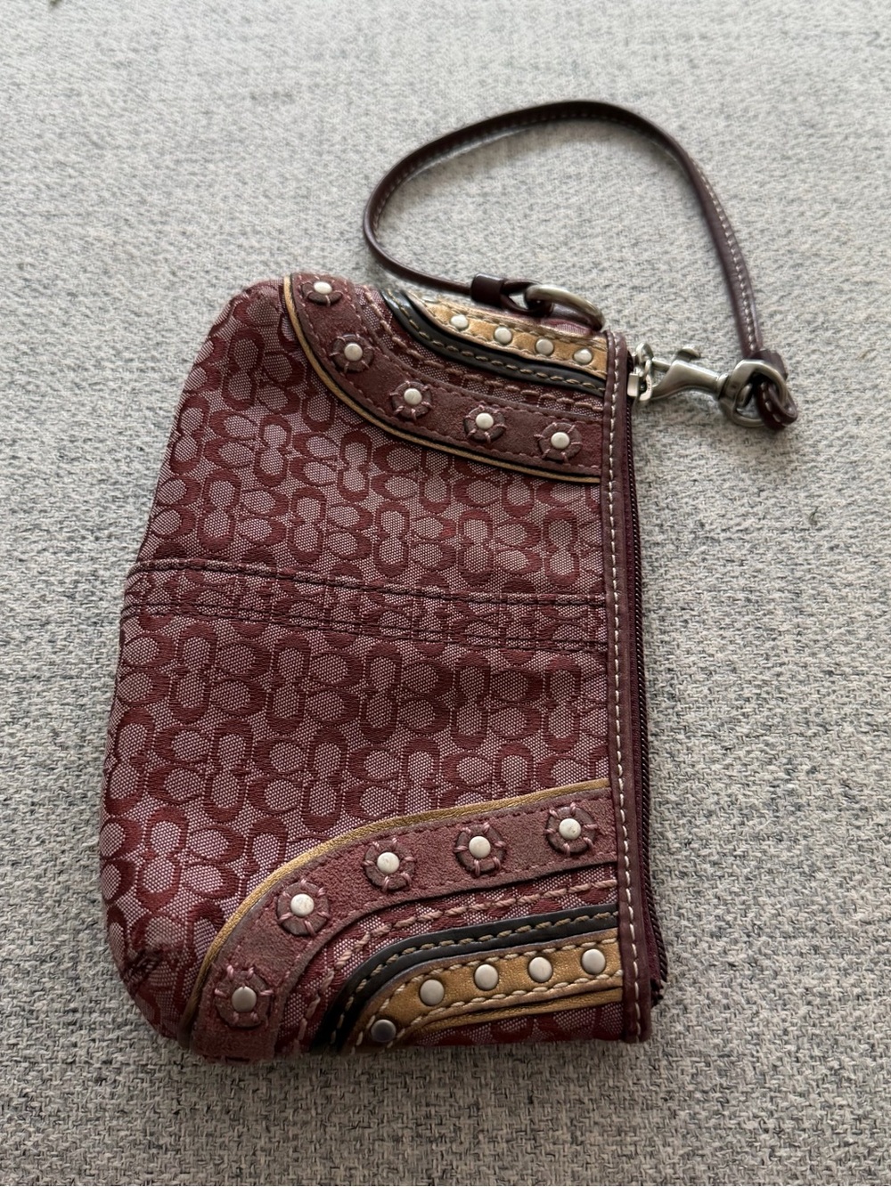 Coach Studded Signature Wristlet in Burgundy and Tan - Picture 2 of 6